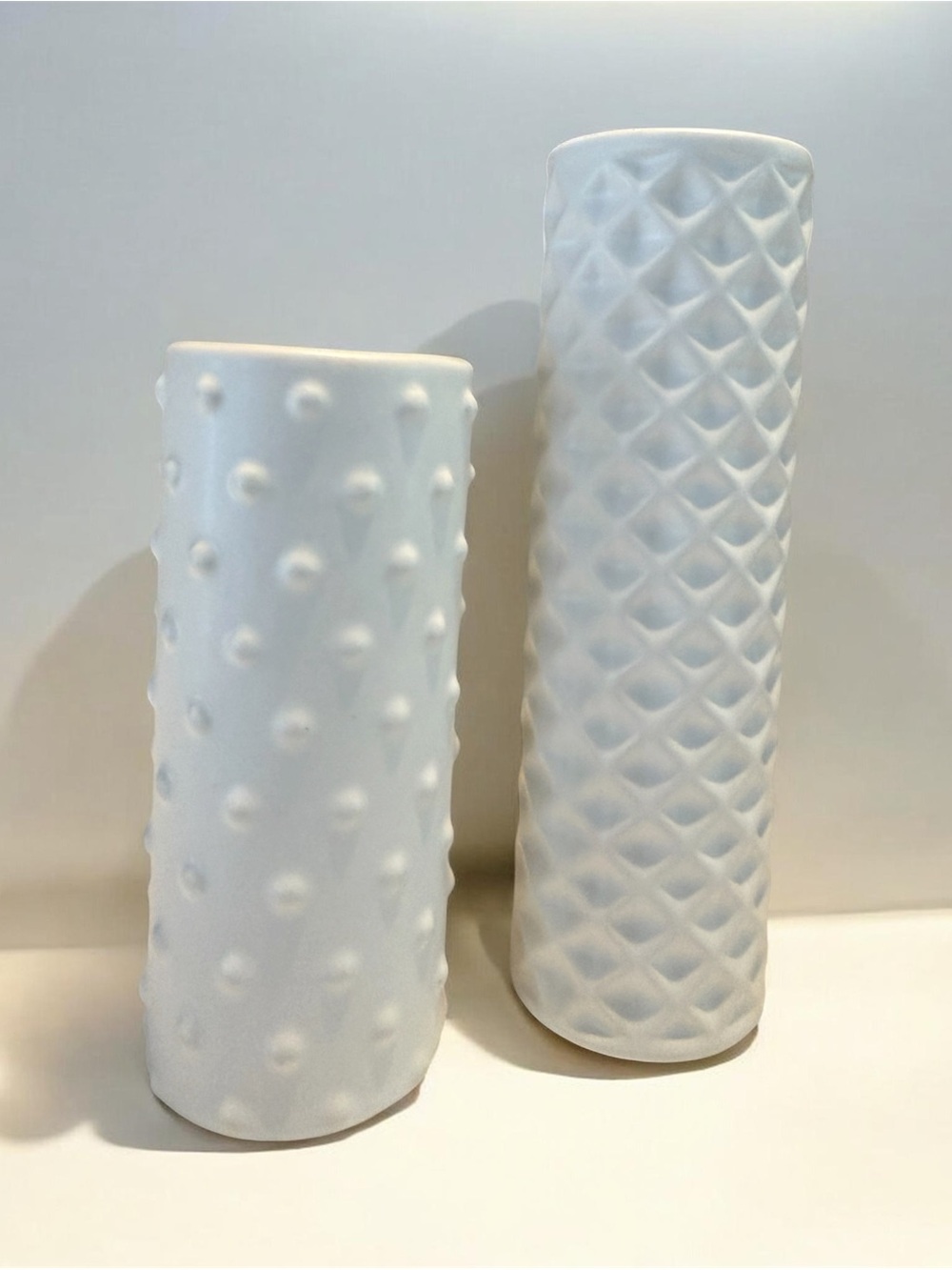 CB2 White Textured Ceramic Vase Set Modern Geometric Cylinder Vases White Pair